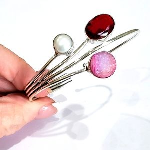 Garnet Agate Druzy Pearl Gem 925 Bangle Bracelet